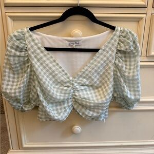 Emory Park Blue and White Ruched Crop Blouse
